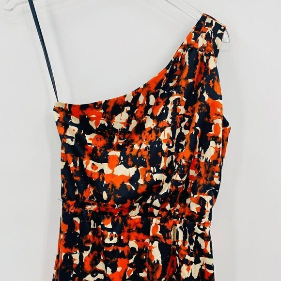 Banana Republic Size 2 Orange Black Abstract Print One Shoulder Mini Dress - Picture 6 of 8